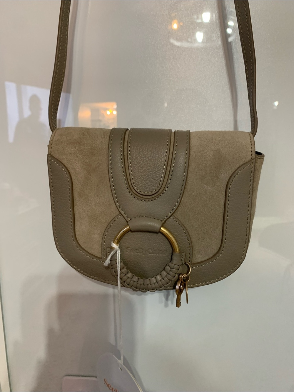 Taupe Crossbody Saddle Bag with Gold Ring Accent - Picture 11 of 12